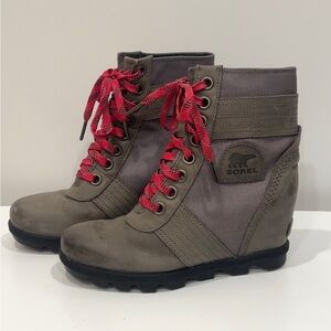 Sorel Women's Taupe and Red Lace Up Dress Wedge Boots